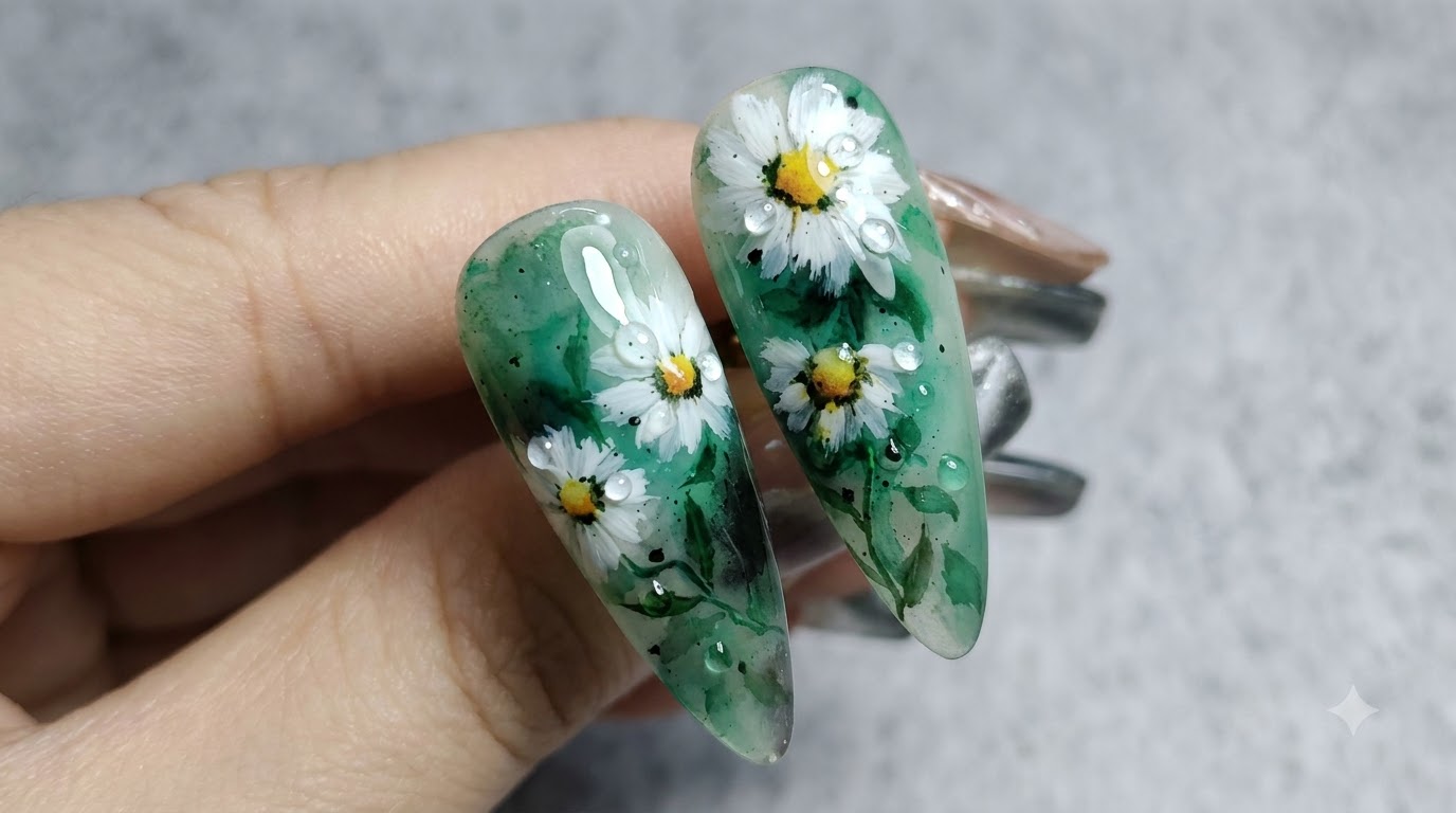 Tutoriel d'ongles marguerites effet encre de Chine et lavis