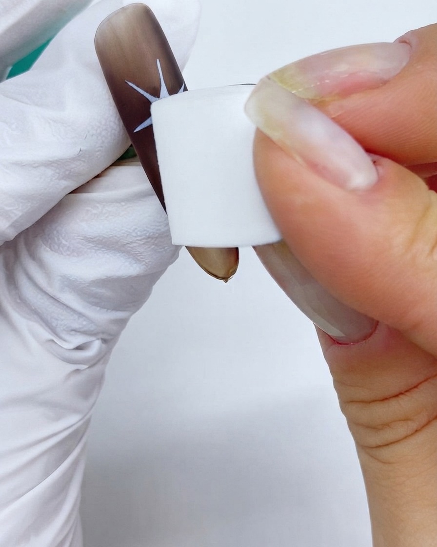 Une éponge de maquillage tamponnant des motifs détoiles secondaires estompés sur un ongle brun mat.