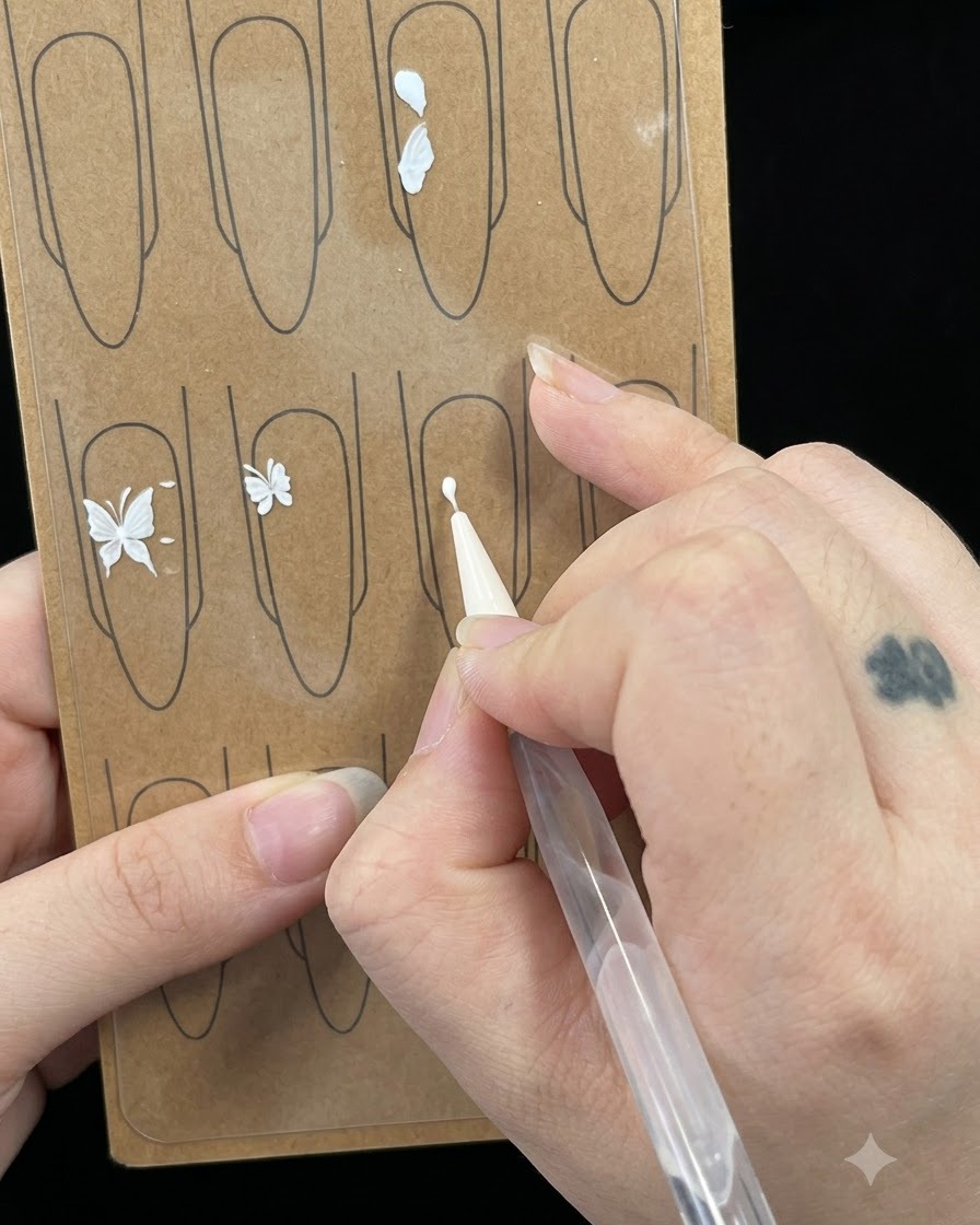 Vue rapprochée dun pinceau liner appliquant une petite forme blanche en chiffre six sur un présentoir dongles dentraînement.