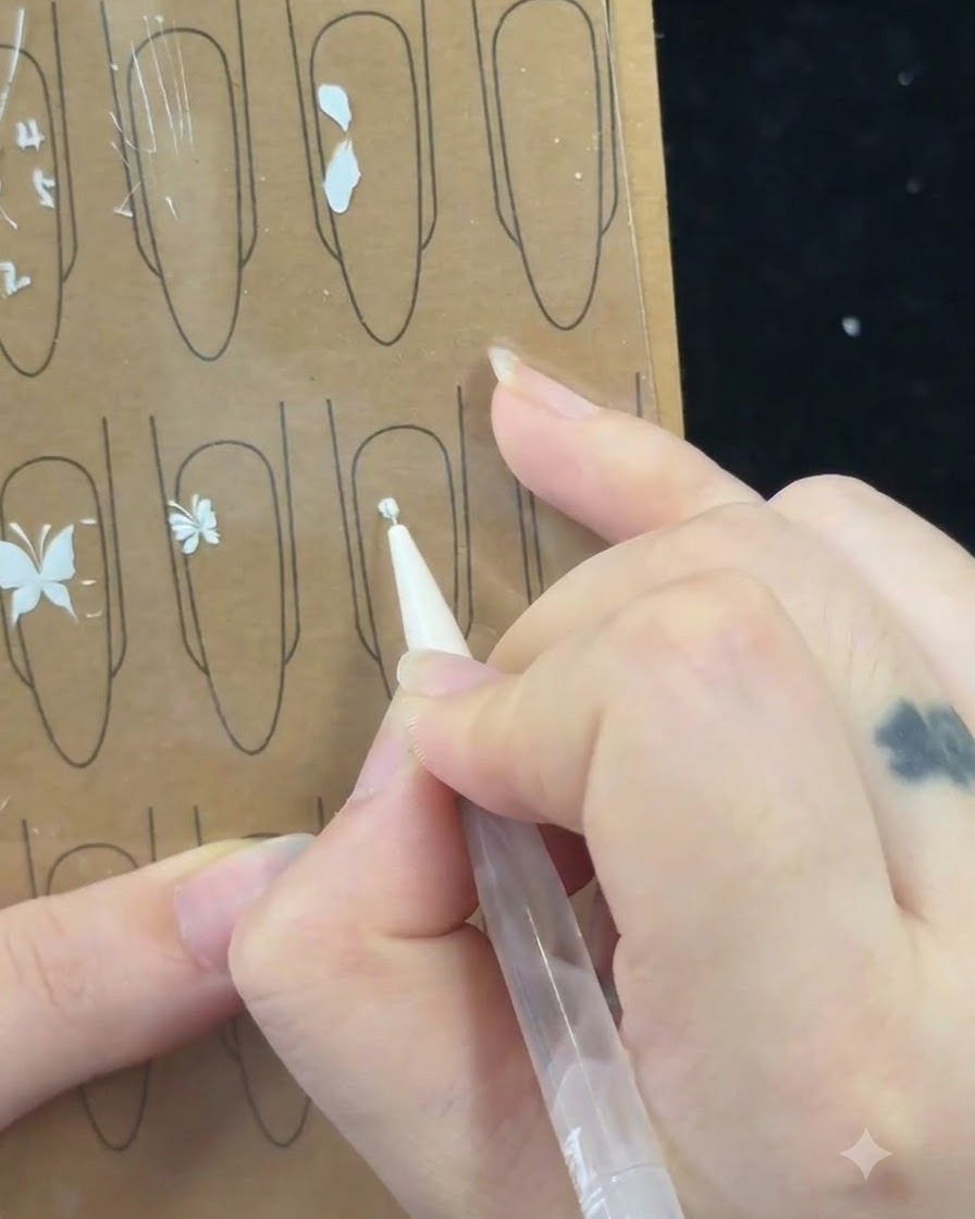 La main dun prothésiste ongulaire utilisant un pinceau fin pour dessiner une forme de parenthèses croisées sur une feuille dentraînement.