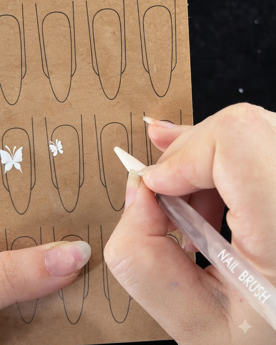 Gros plan détaillé dun pinceau à ongles tirant une fine ligne blanche pour commencer la première couche de pétales.