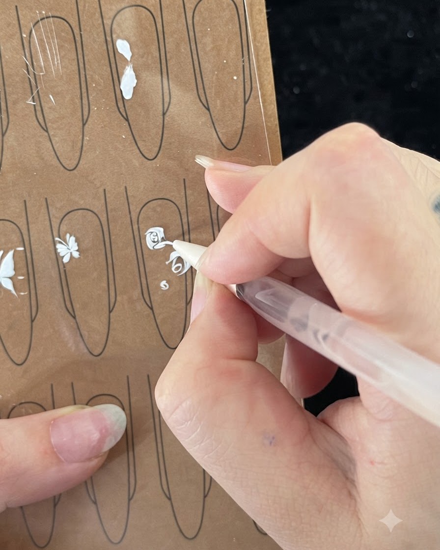 Gros plan dun pinceau de nail art dessinant un troisième trait fin sur un pétale de rose blanche peintcite: 1.