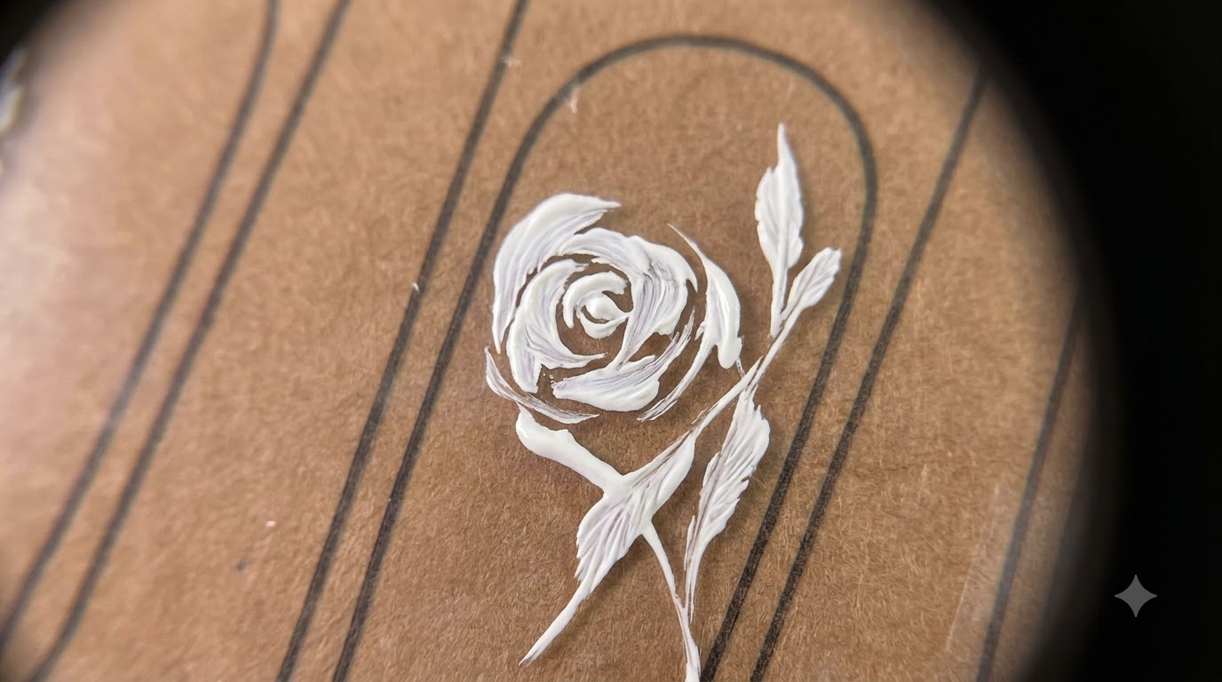 Gros plan sur un présentoir de démonstration montrant des motifs de nail art de roses blanches peintes à la main avec des pétales et des feuilles détaillés.