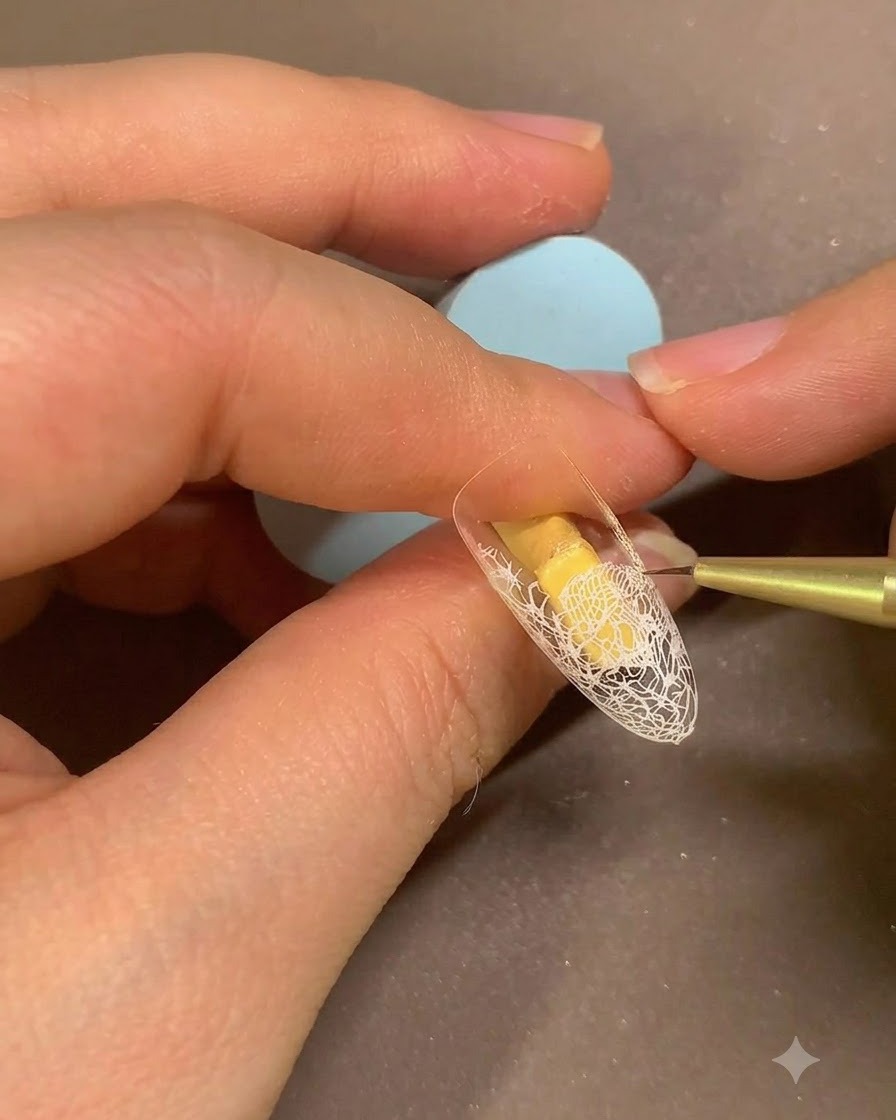 Un pinceau fin lissant la couverture du gel beige sur une capsule dongle dotée dun motif de dentelle blanche.