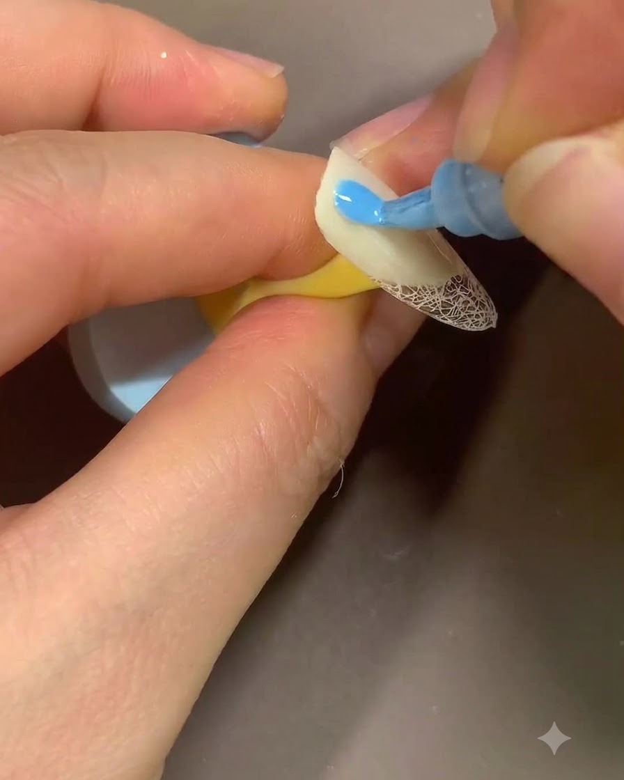 Un feutre dessinant de petites formes de pétales de fleurs bleues directement sur la surface beige dun ongle décoré.