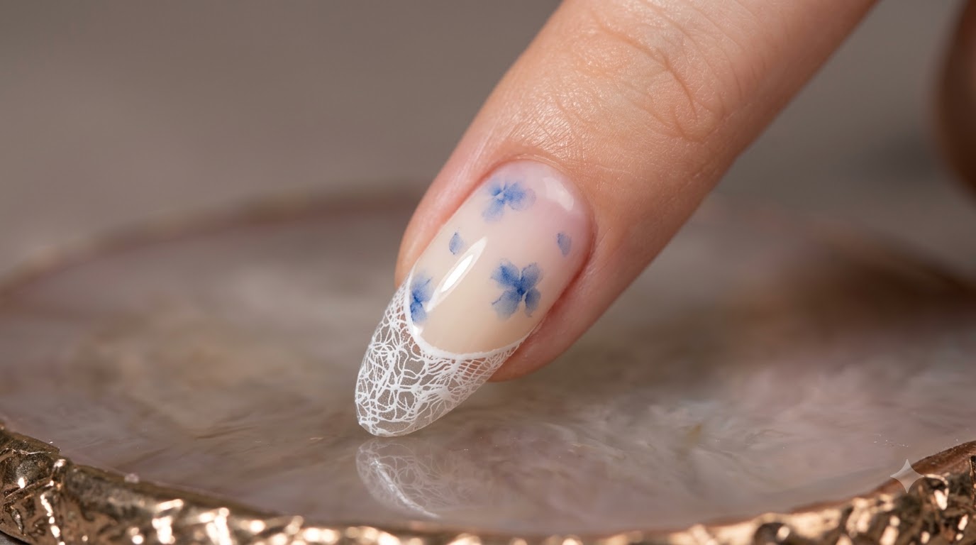 Ongles en Dentelle et Fleurs Aquarelle Bleues — Tutoriel Débutant