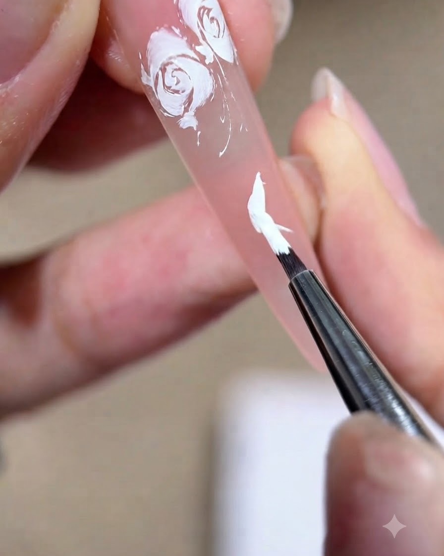 Gros plan dune prothésiste ongulaire utilisant un petit pinceau pour façonner un pétale en gel blanc sur un ongle nude.