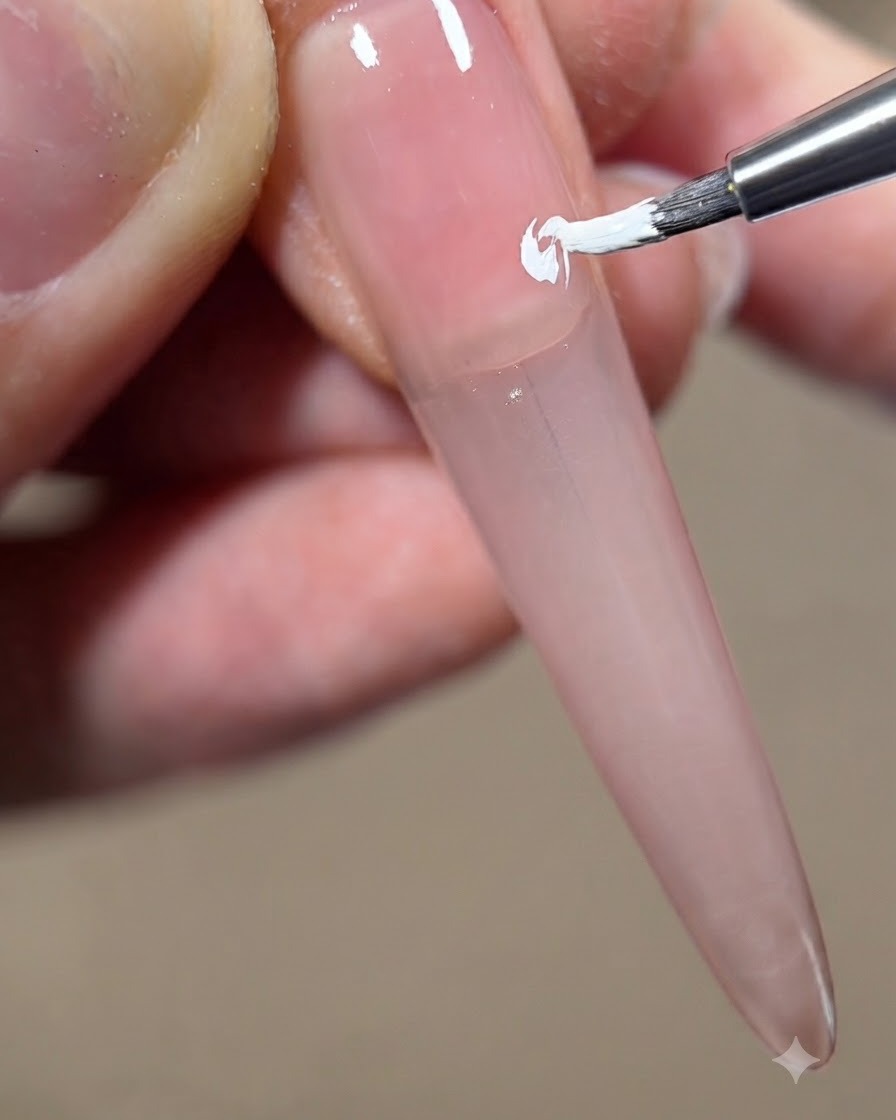 Une vue rapprochée appliquant un petit trait de gel blanc au centre de la première couche de pétales peinte.
