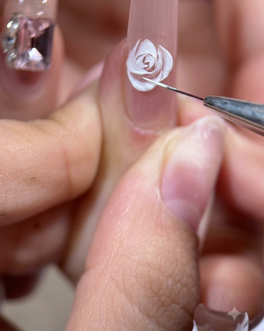 Un pinceau liner détaillant un pétale blanc rabattu vers lextérieur pour combler un vide sur le côté du nail art rose.