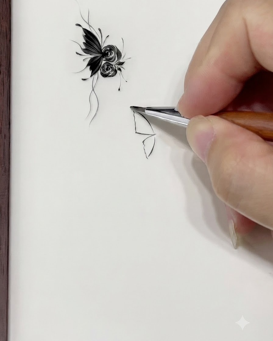 La pointe d un pinceau à ongles touchant une surface blanche pour tirer un trait de coin pointu et délicat.