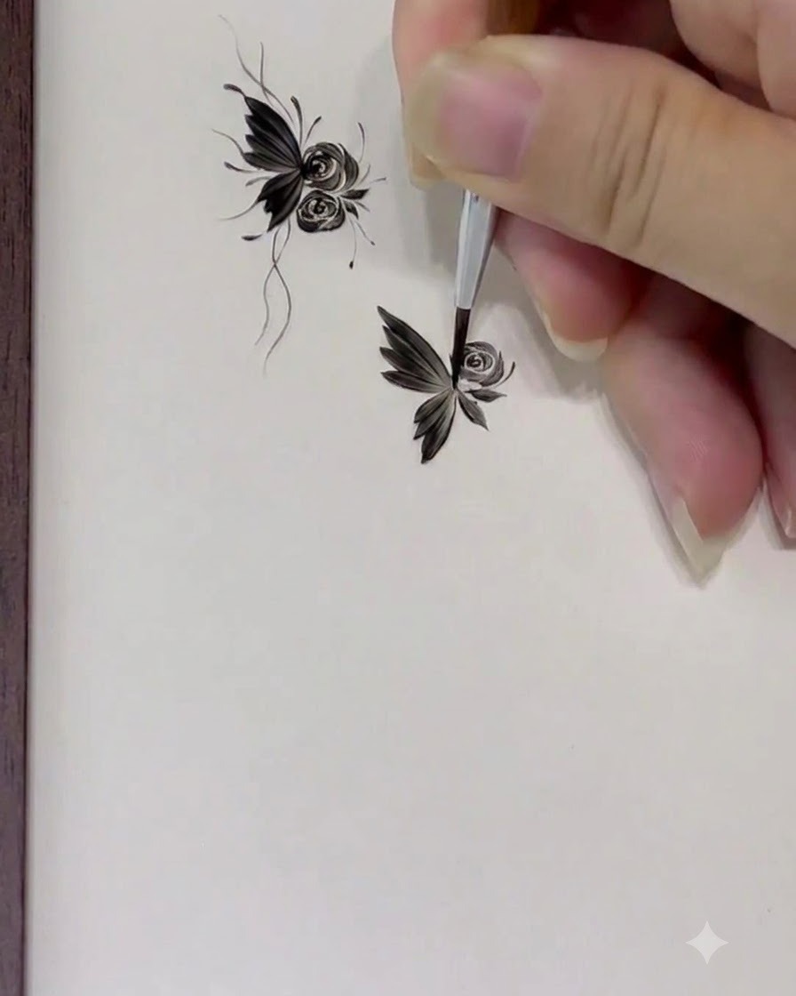 Un gros plan d un pinceau peignant des pétales rebondis en forme de C autour du design de rose en cours.