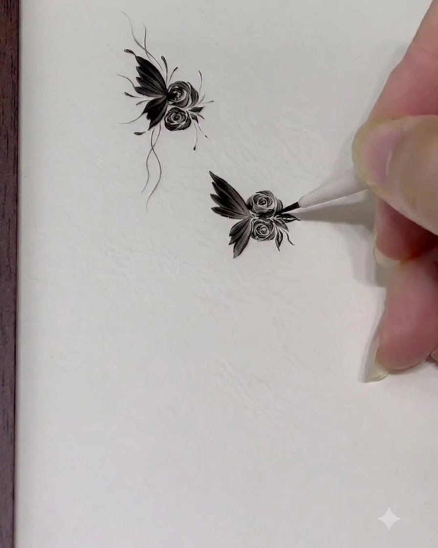 Un pinceau fin ajoutant des points d accentuation délicats et des lignes fluides autour du design complet de papillon et de rose.