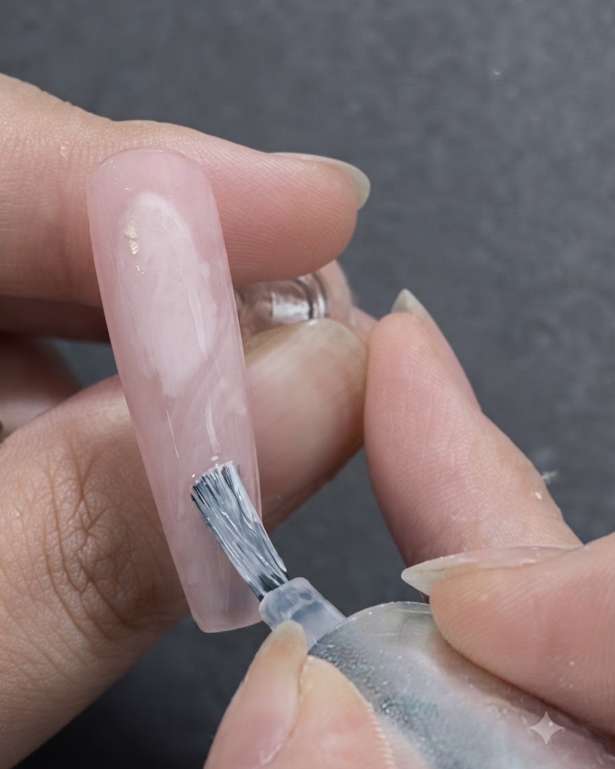 Un pinceau à ongles appliquant du blooming gel blanc sur la base rose diaphane, créant des formes de rubans douces et fluides.