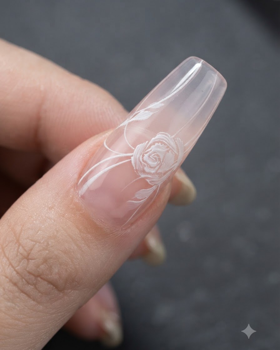 Une vue rapprochée d une prothésiste ongulaire utilisant un pinceau fin pour connecter des lignes de ruban blanc à un design de rose sur un ongle rose diaphane.
