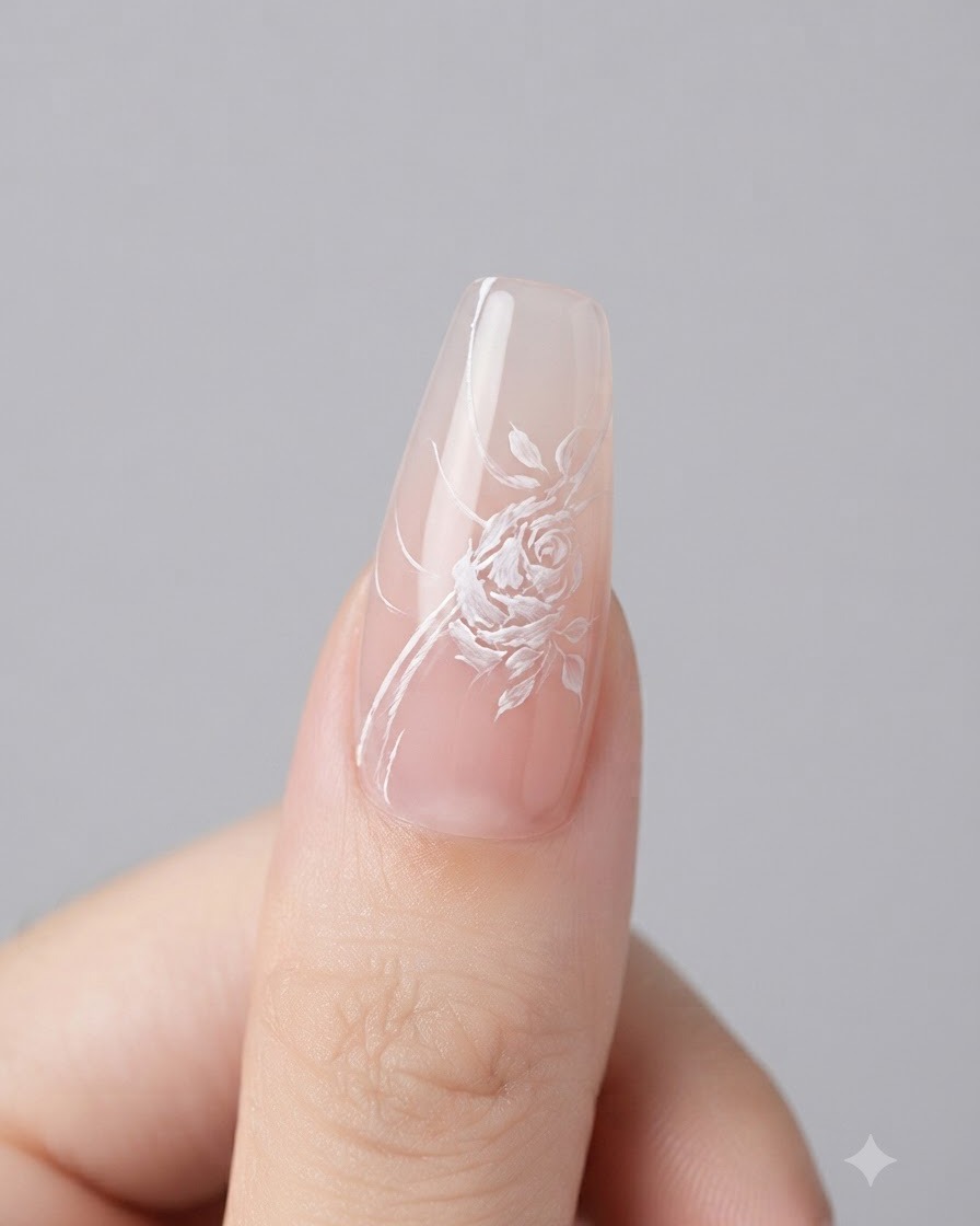 Un plan détaillé d un ongle en cours de finition avec du gel blanc pur pour souligner les bords des pétales de rose peints.