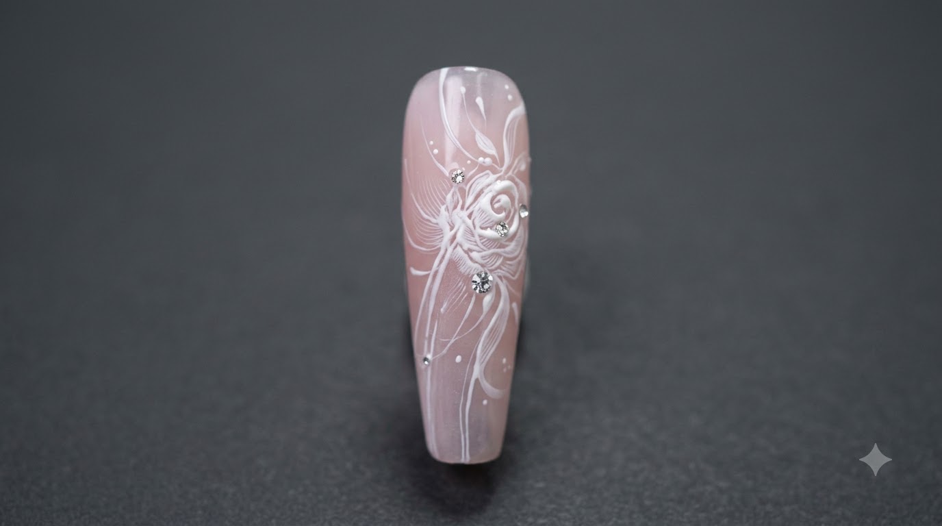 Un ongle long fuselé présentant un motif de rose blanche peint à la main complexe avec des lignes de ruban délicates et des cristaux sur une base rose diaphane.