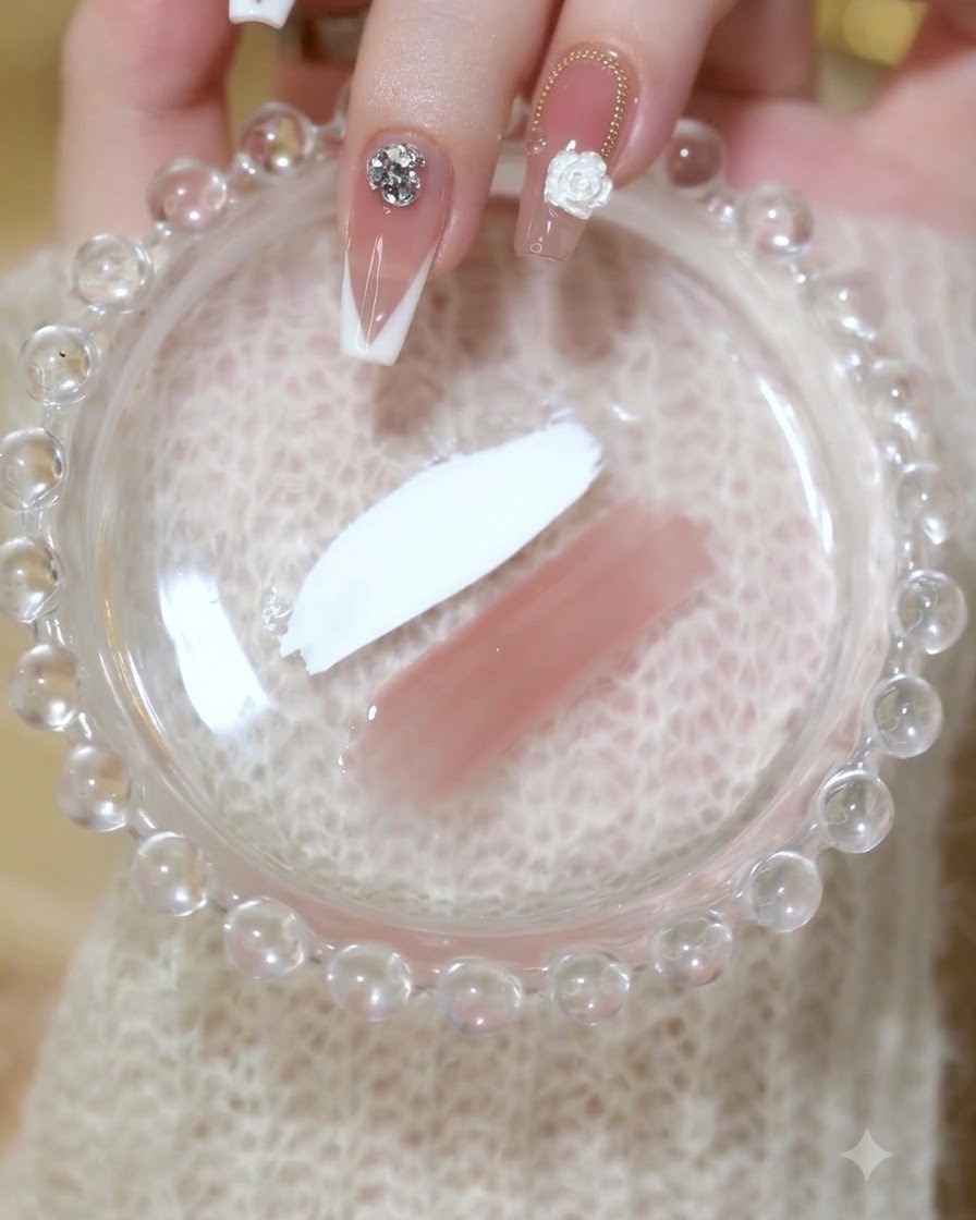 Un pinceau à ongles appliquant une fine couche de gel translucide rosé sur un ongle préparé.