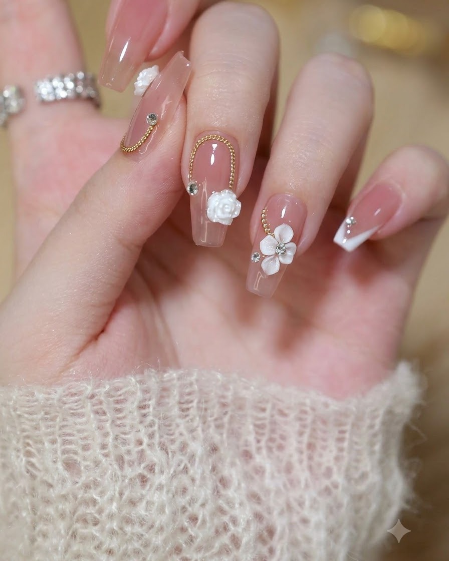 Un pinceau liner fin dessinant une french diagonale blanche précise sur un ongle coffin.