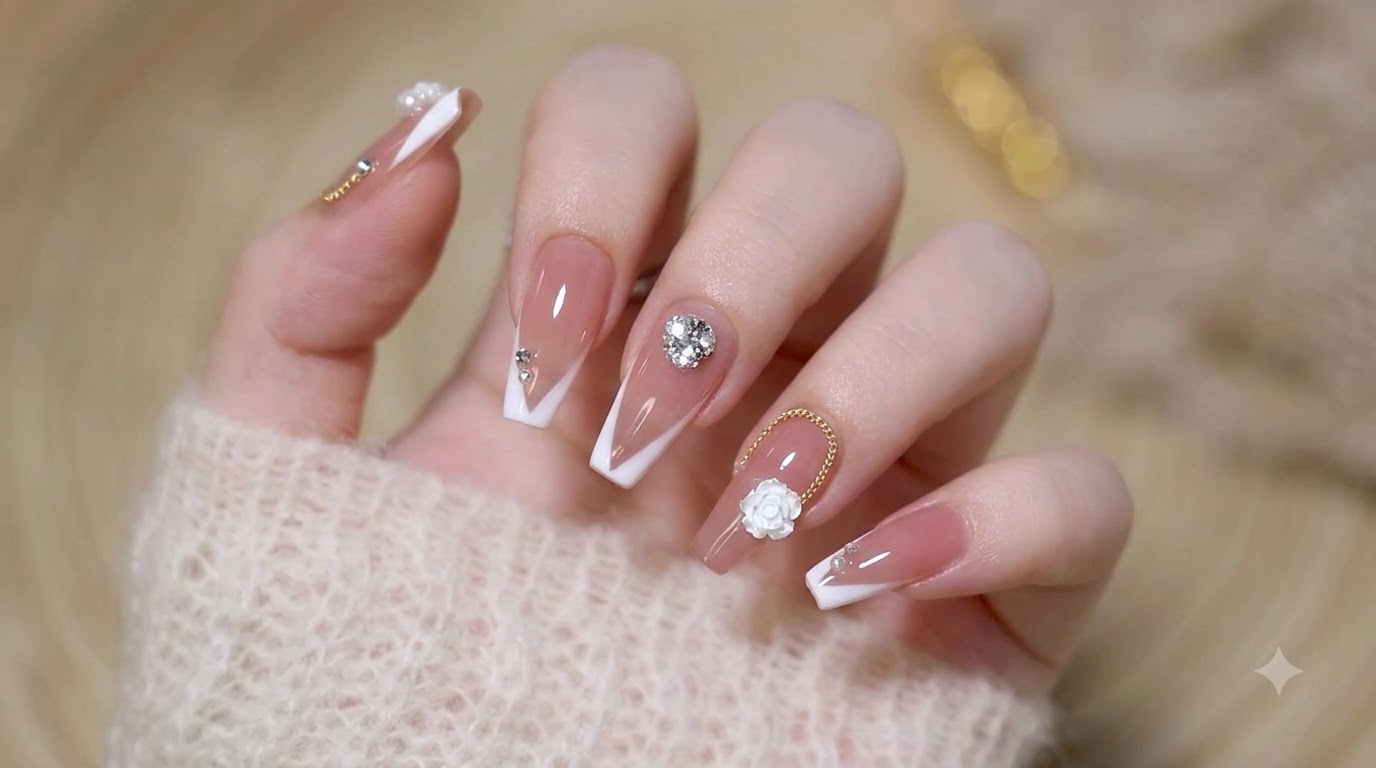 French Manucure Fée et Roses Blanches — Tutoriel Gel Élégant pour Mariage