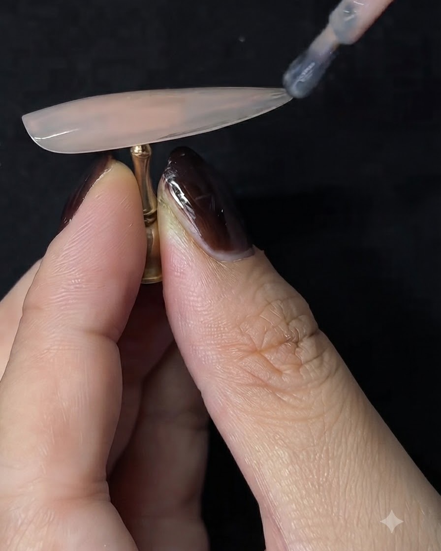 Un pinceau appliquant une seconde couche de gel de couleur nude sur une extension dongle en amande tenue par un doigt.