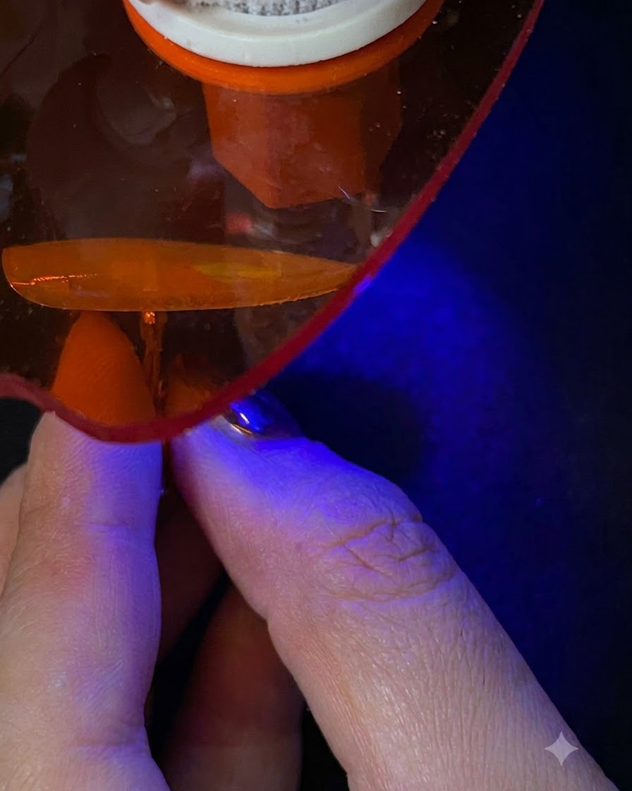 Une extension dongle placée sous une lampe de catalysation UV/LED portable émettant une lumière bleue.