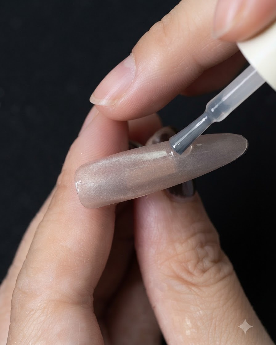 Un pinceau appliquant une couche de gel cat-eye transparent sur un ongle à base neutre.