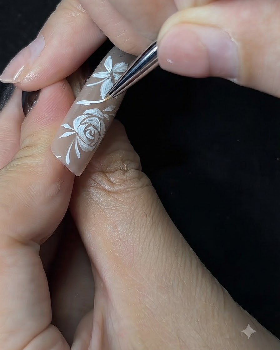 Un pinceau nail art fin peignant de délicats détails de feuilles blanches à côté dun motif floral peint à la main sur un ongle nude.