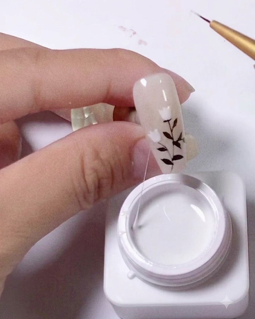 Un pinceau liner plongé dans un pot de spider gel blanc, étirant un fin fil de gel continu.