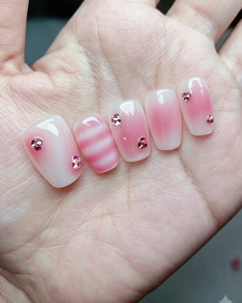 Gros plan sur un ongle de pouce affichant un dégradé jelly rose lait de fraise avec des embellissements de cristaux près de la base.