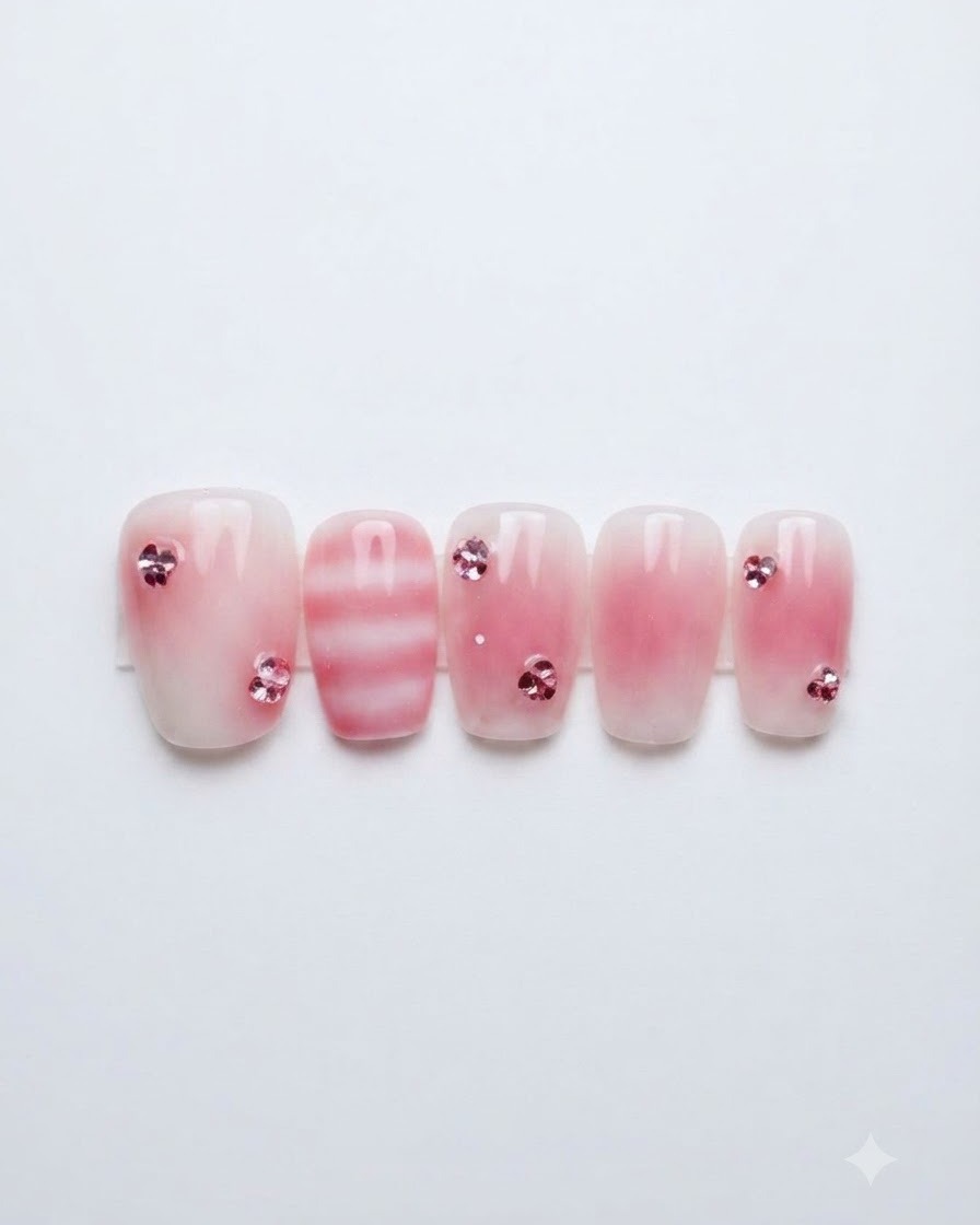 Macro dun faux-ongle orné de rayures horizontales roses et blanches sur fond uni.