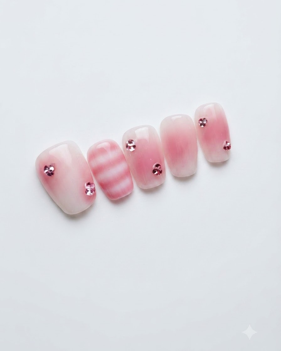 Vue rapprochée dun ongle du majeur mettant en valeur une transition de dégradé jelly rose poudré.