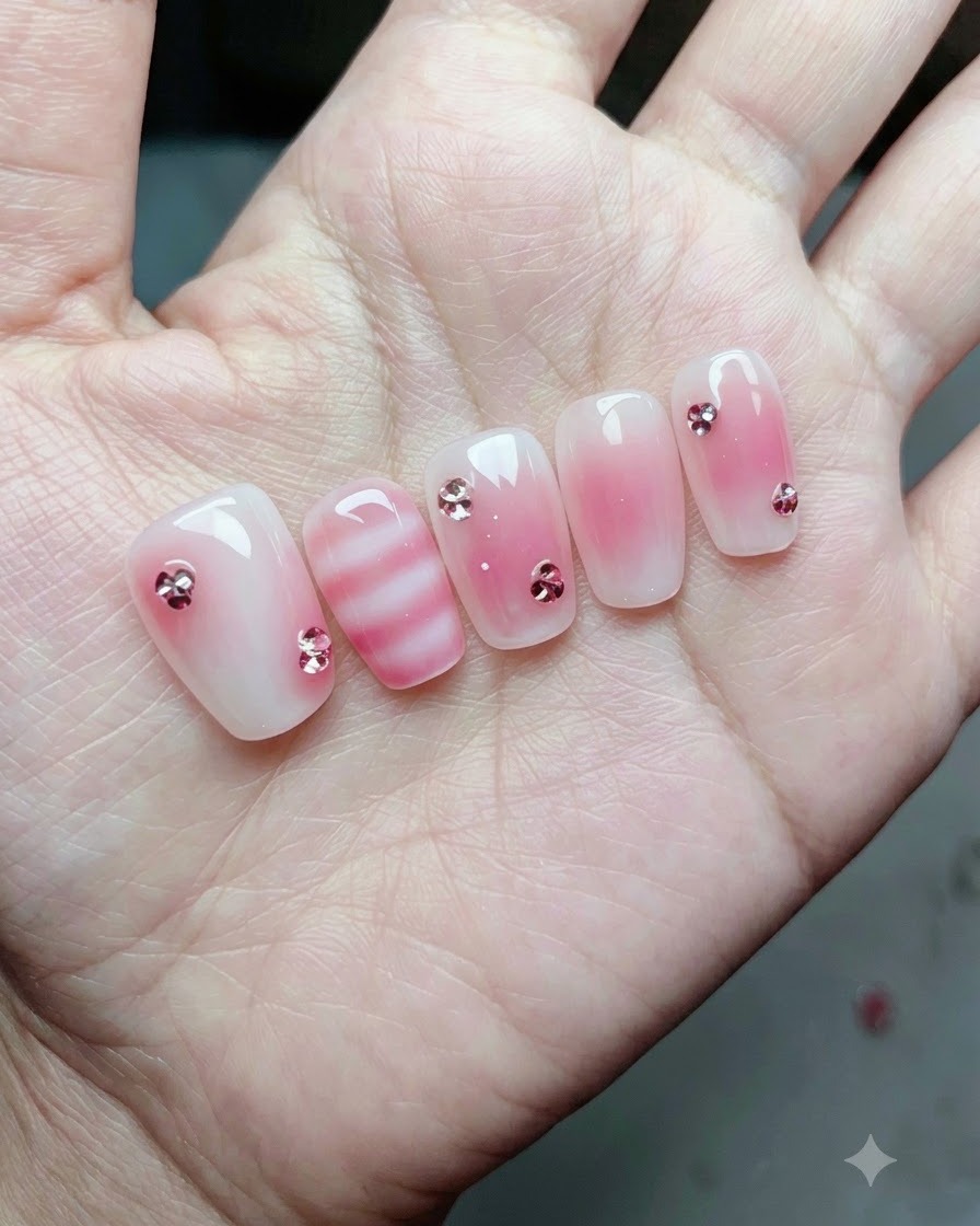 Focus sur un ongle dannulaire doté de rayures horizontales et dun détail de strass étincelant.
