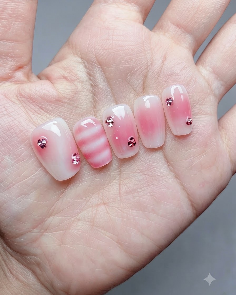 Gros plan sur un ongle dauriculaire arborant une finition en dégradé jelly rose poudré.