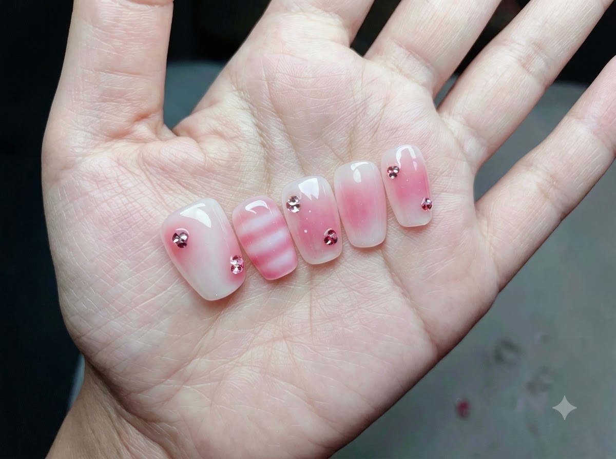 Vue rapprochée dun set complet de faux-ongles habillés dun dégradé jelly rose, de rayures blanches et de strass étincelants.