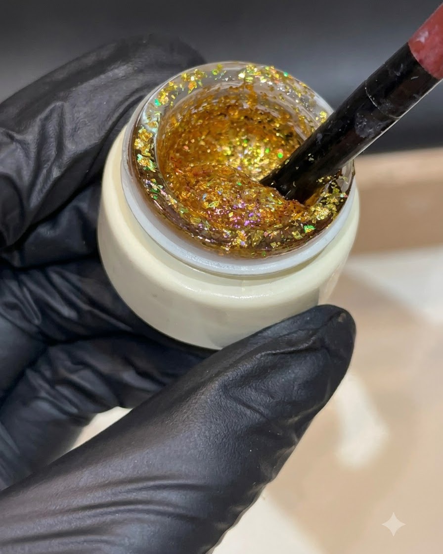 Une main gantée tenant un pinceau trempé dans un pot ouvert de gel pailleté doré épais.