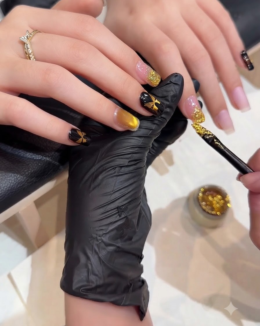 Vue rapprochée dune prothésiste ongulaire utilisant un pinceau fin pour appliquer des paillettes dorées sur le bout dun ongle afin de créer un effet dégradé scintillant.