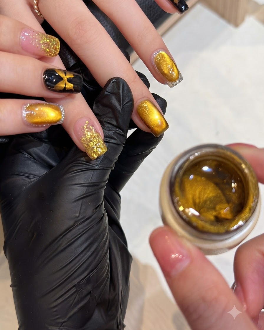 Une main présentant des ongles peints avec un gel cat-eye magnétique doré riche et scintillant à côté dun pot ouvert du produit.
