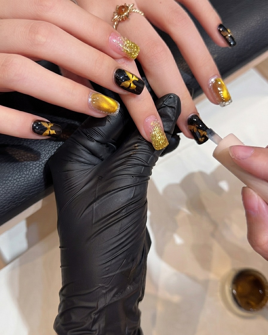 Un pinceau à ongles appliquant une couche lisse de top coat transparent sur un ongle décoré pour sceller le design et ajouter de la brillance.