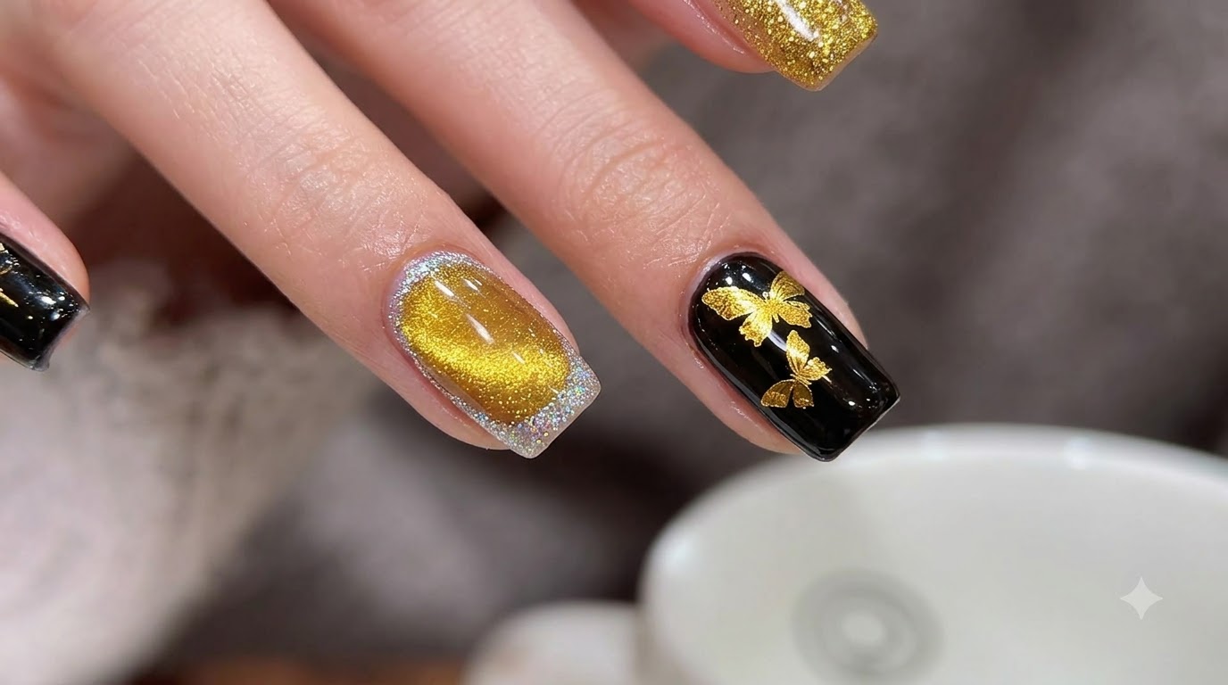 Ongles Papillon Cat-Eye Or et Noir — Tutoriel Étape par Étape