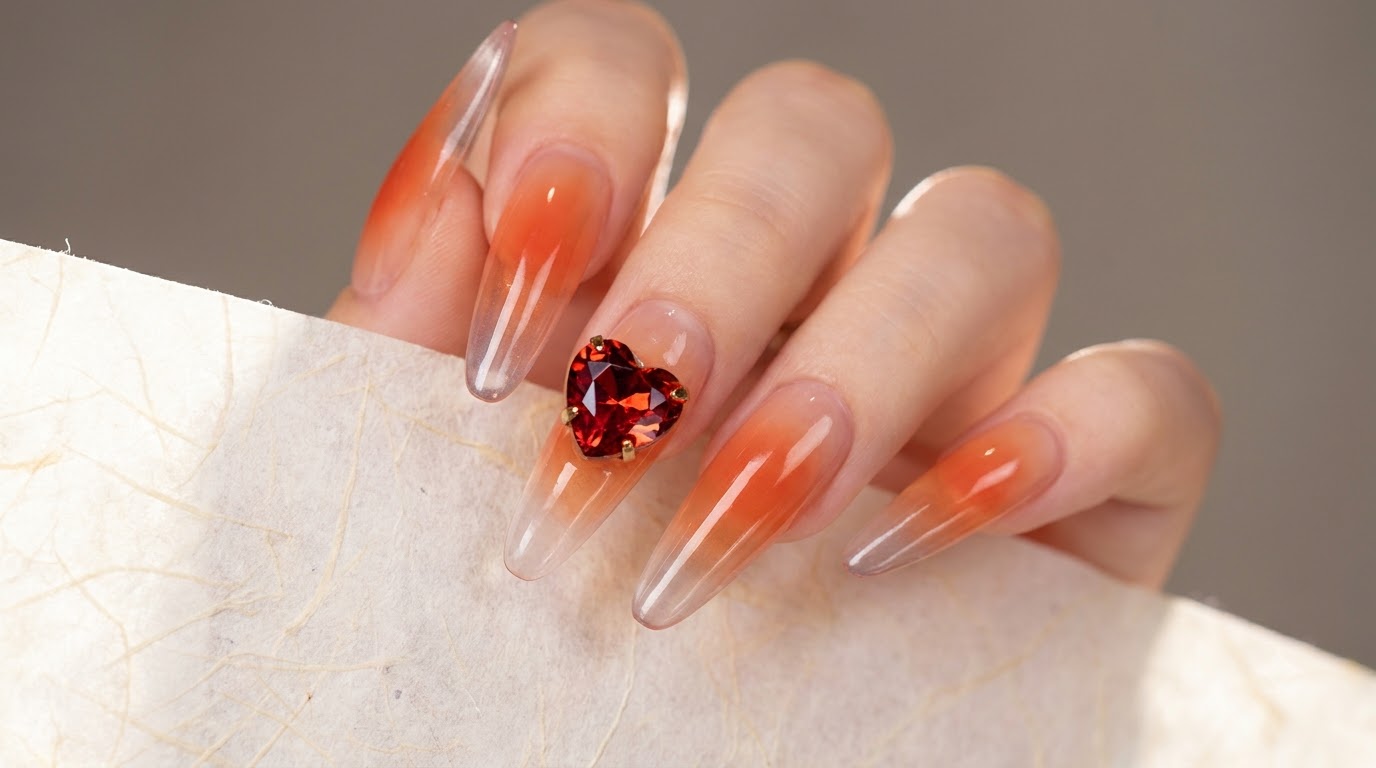 Ongles Dégradé Orange Translucide avec Bijoux Cœur — Tutoriel Étape par Étape