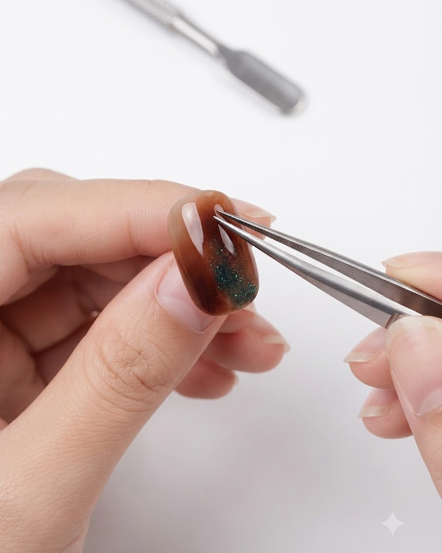 Une pince métallique grattant la surface ultra-brillante dun ongle fini ambre et œil-de-chat.