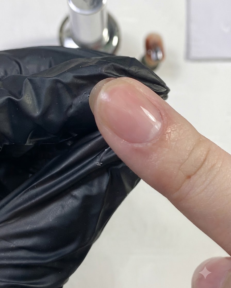 Un doigt ganté frottant vigoureusement contre la surface brillante et transparente dun ongle catalysé.