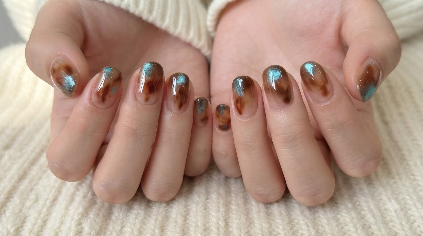 Ongles Gel Effet Ambre et Reflets Œil-de-Chat Bleu — Tutoriel Étape par Étape
