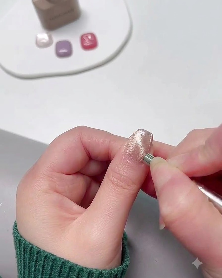 Un aimant maintenu près dun ongle en gel cat eye pour créer un effet de lumière rasante.