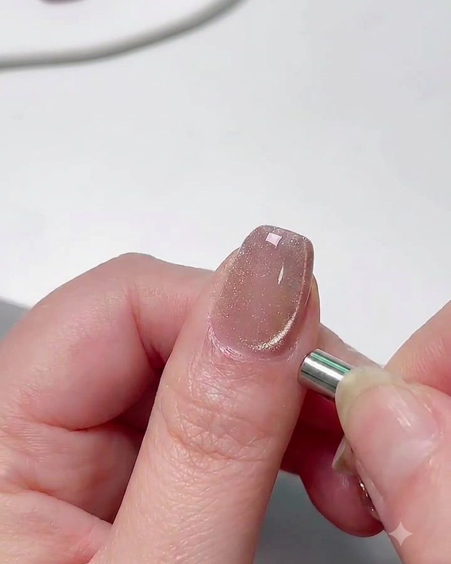 Un aimant cylindrique tenu fermement contre le côté dun ongle manucuré pour ajuster le reflet cat eye.