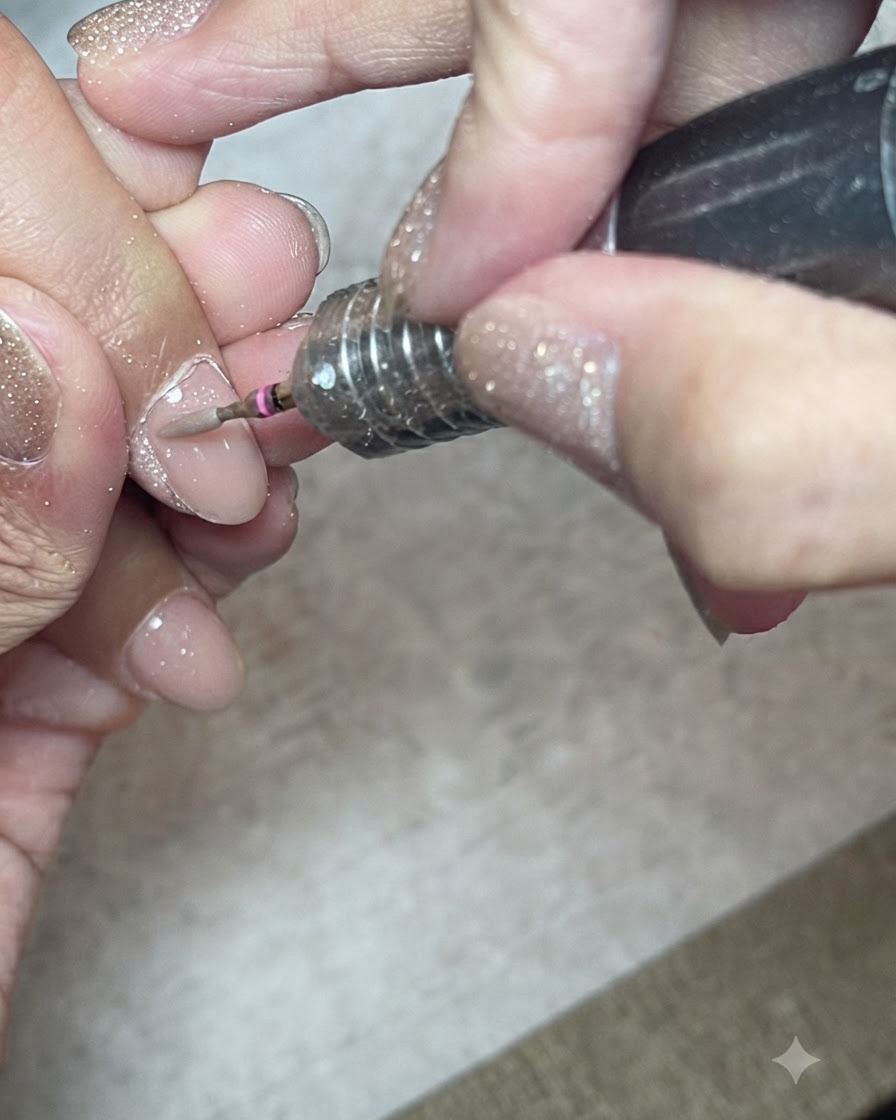 Gros plan dune ponceuse électrique avec un embout diamanté long soulevant la poche de la cuticule sur un ongle naturel.
