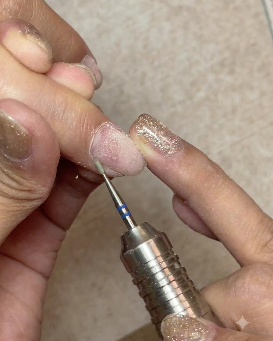 Une ponceuse électrique avec un embout conique soulevant et séparant la peau morte autour de la cuticule.