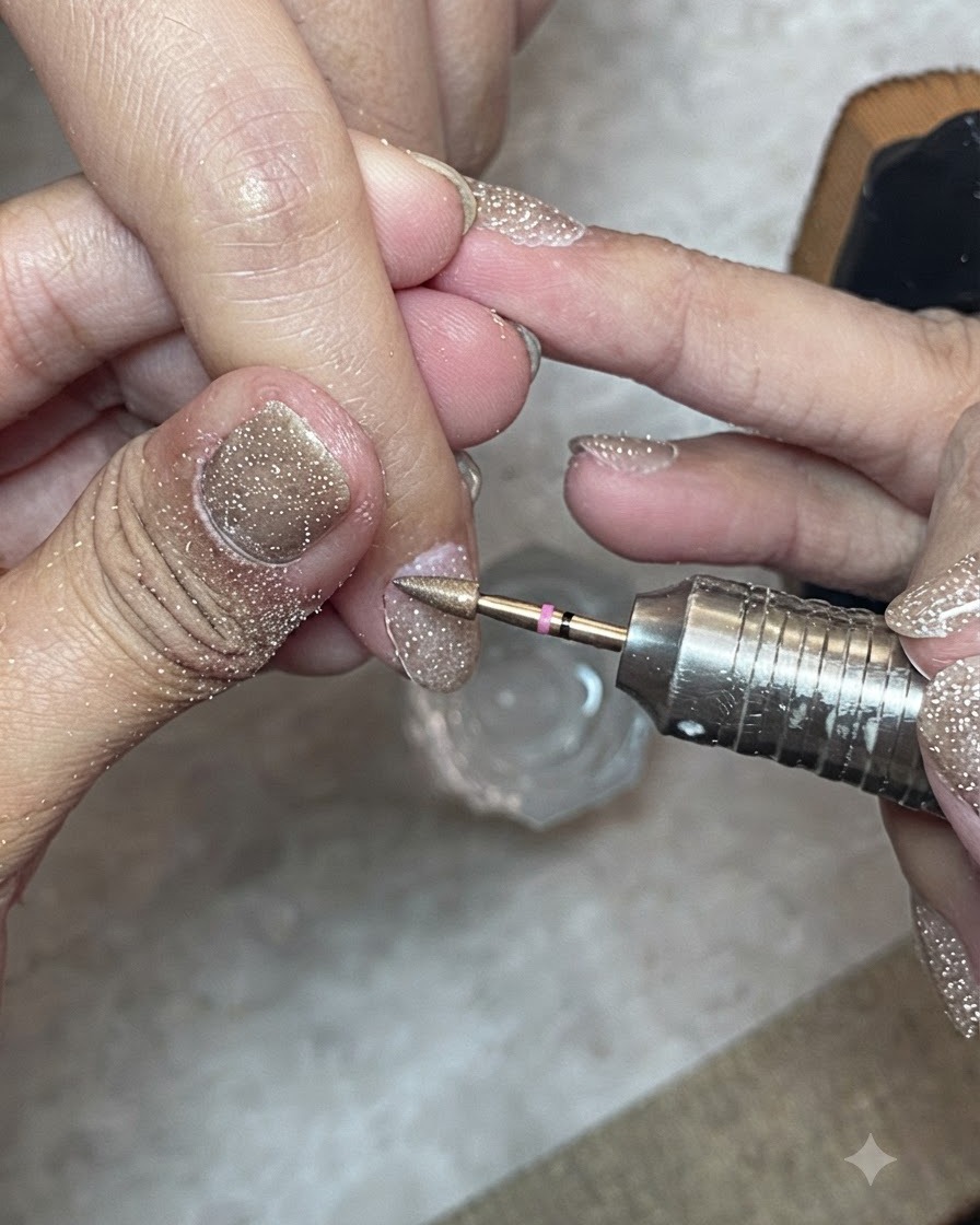 Une brosse à ongles rigide nettoyant la surface et la peau environnante dun ongle naturel préparé.