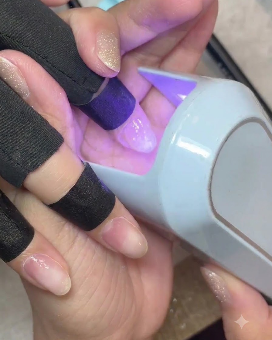Un doigt placé sous une mini lampe UV/LED portable, catalysant la couche de gel de base transparent.
