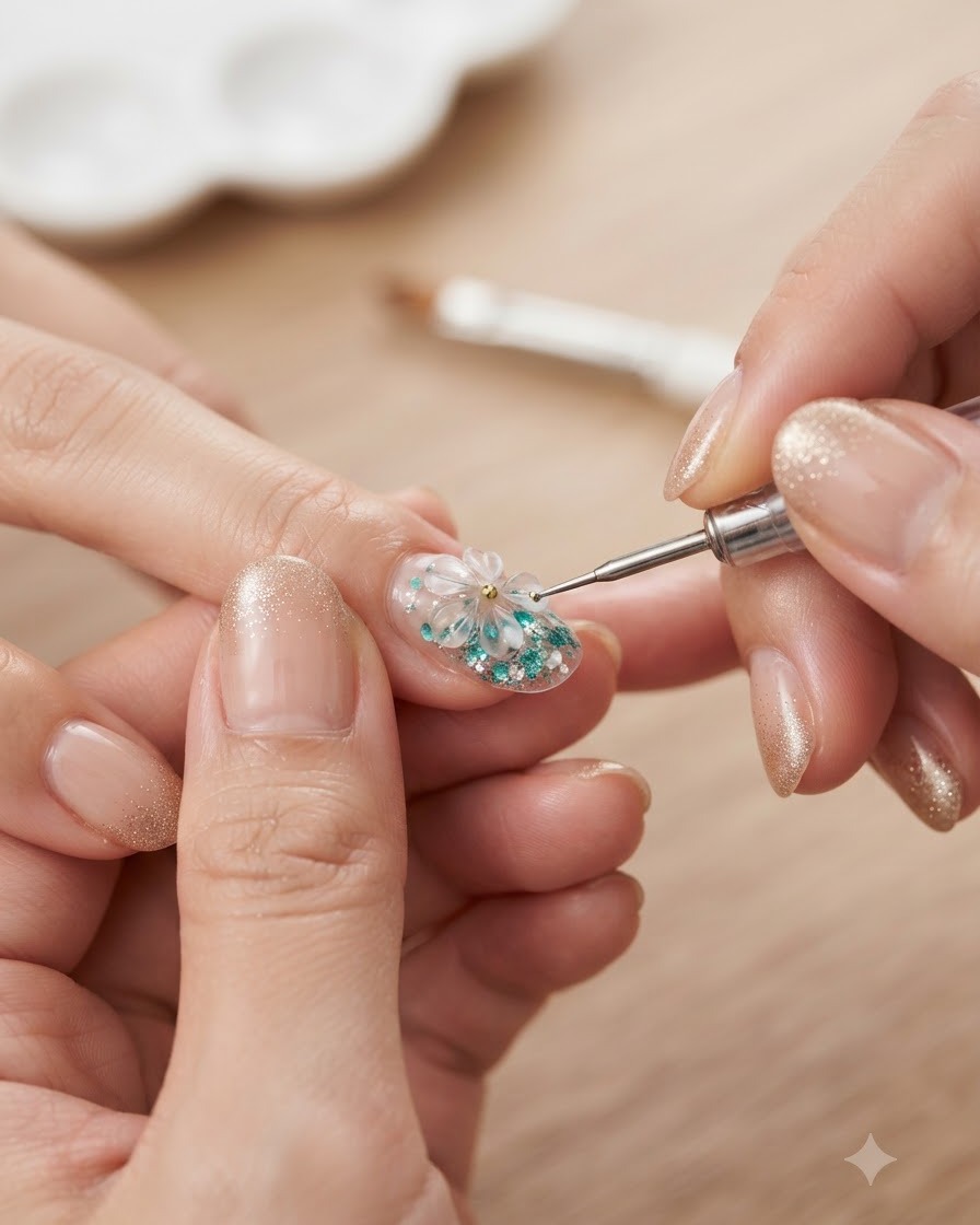 Un pinceau de détail disposant méticuleusement des sequins individuels et des éléments floraux 3D le long de la pointe de longle pour affiner leffet ombré en dégradé.